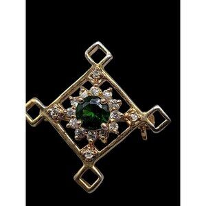 14kge Diamond Shaped Brooch Green & Clear Rhinestones Vintage Yellow Gold Plated
